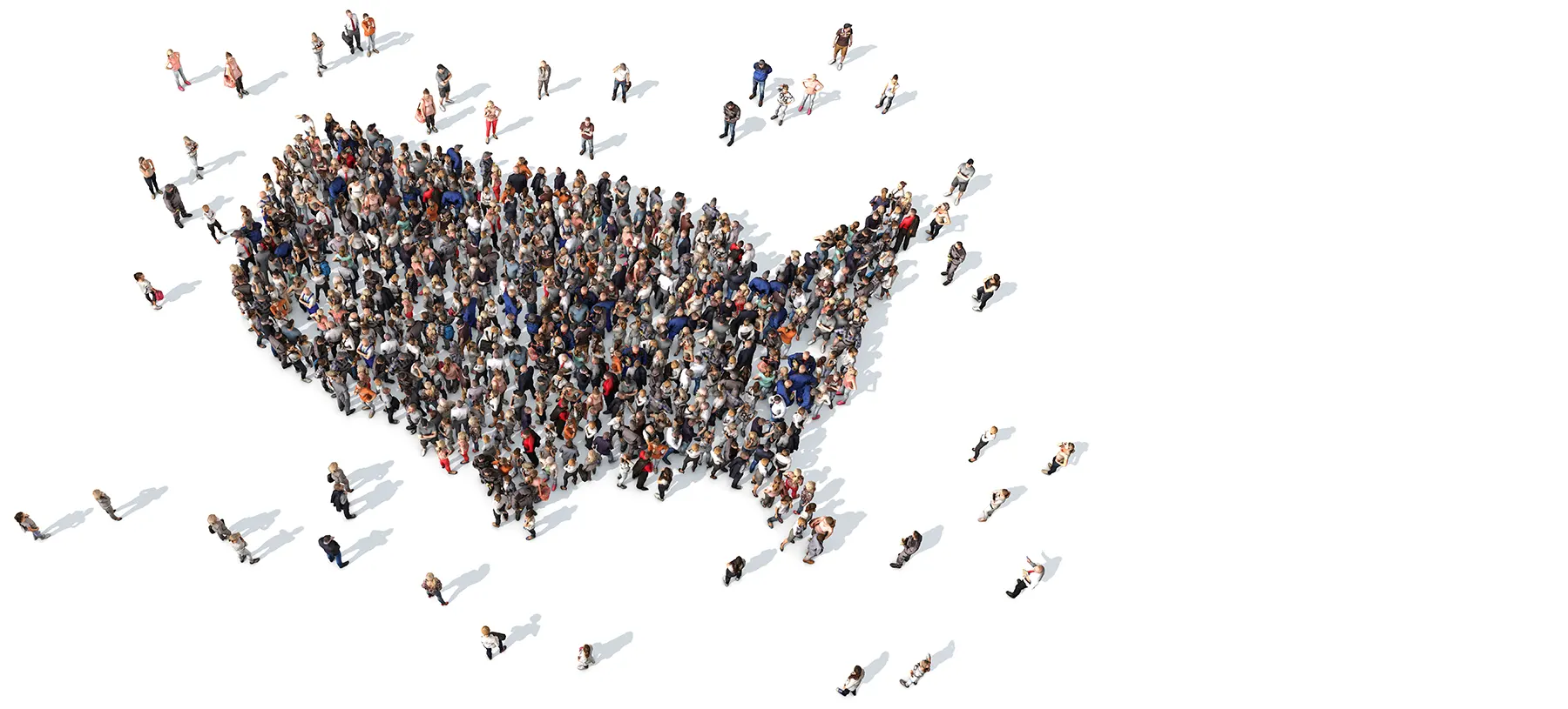 Overhead image of people standing on white background, grouped tightly together so they form the shape of the United States