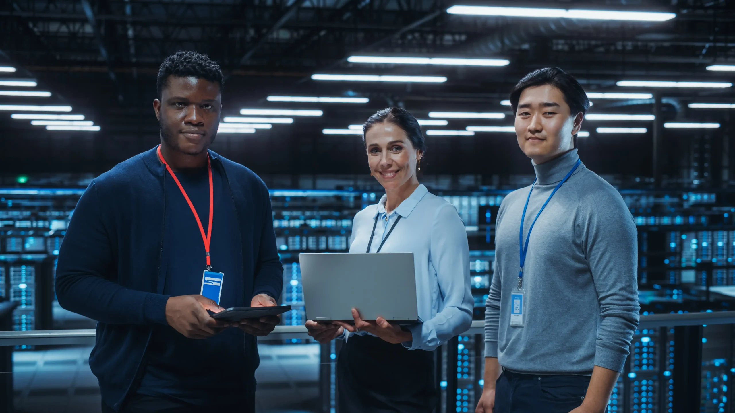 Three cybersecurity professionals standing in a computer lab